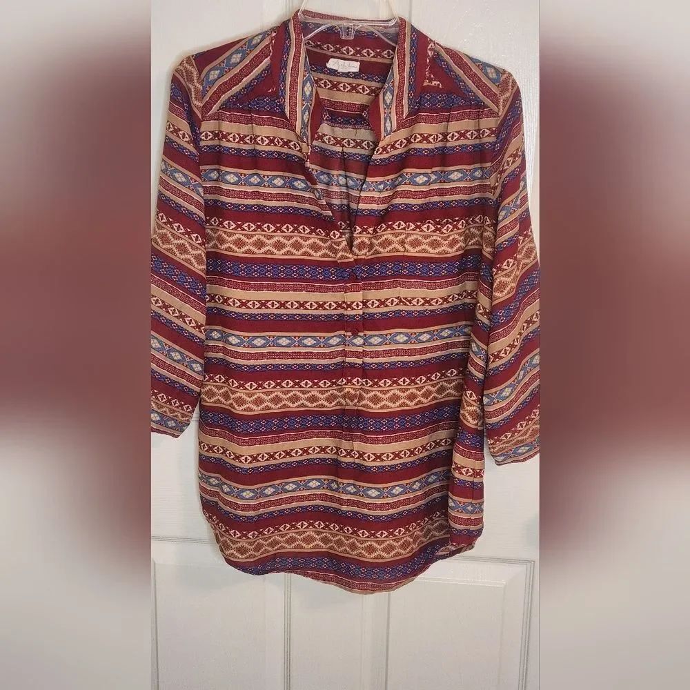 Antilia Femme L Multiclrd RollUpSlv 1/2 ButtonsGeometricPrint Pocket Women Shirt